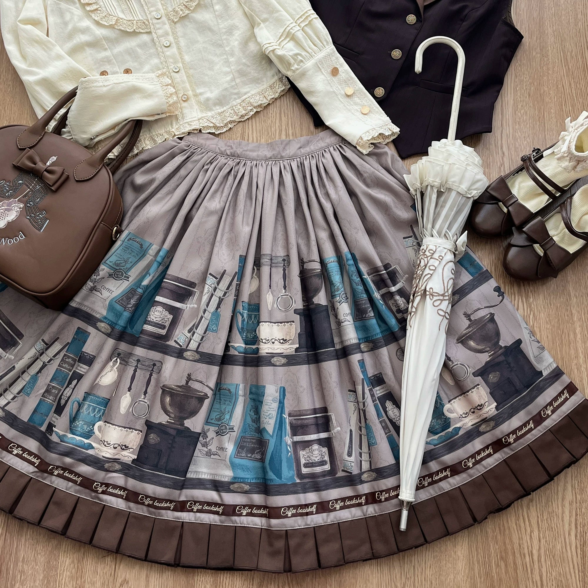 Coffee Bookshelf - Classic Lolita JSK and SK Set, Coffee Cup and Book Print (L M S XL) 45611:856188