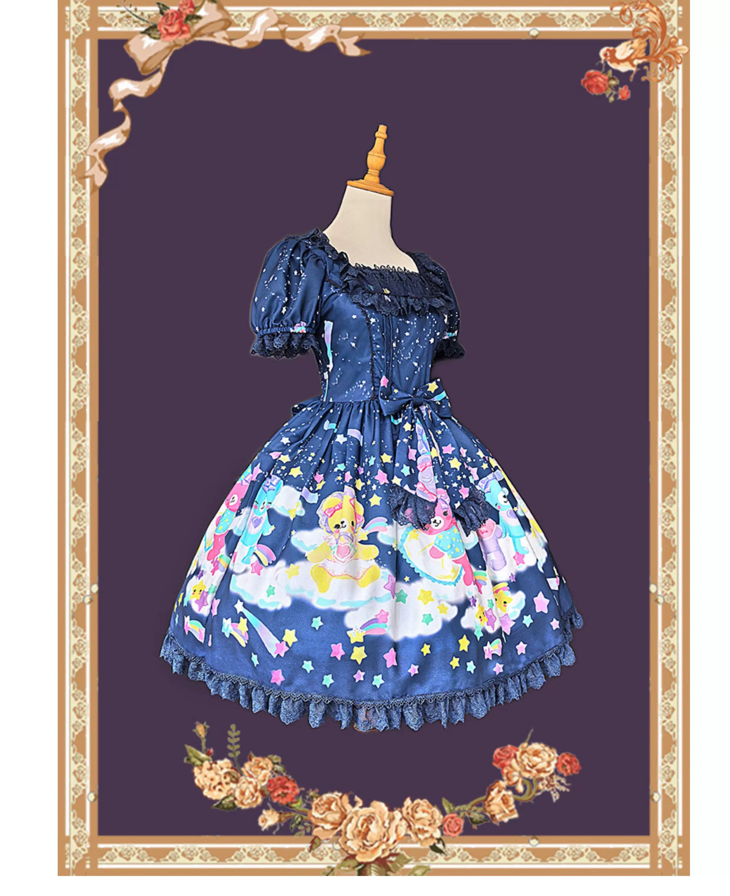 Sleepy Bear - Kawaii Lolita Bear and Star Printed Dress 45663:857694