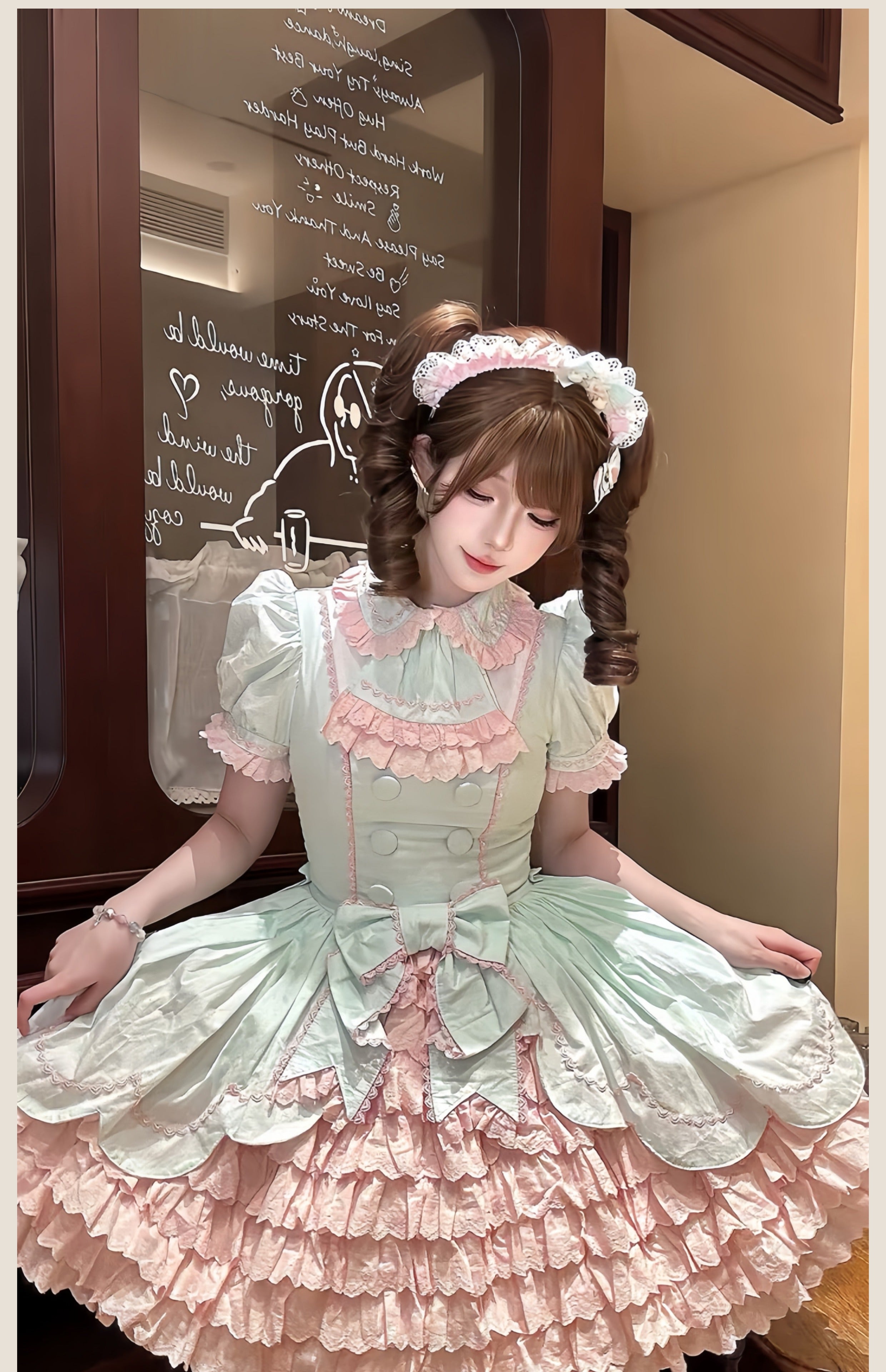TaTaTa Lolita - Melon Parfait - Old School Lolita OP Suit Pink-Green Sweet Dress