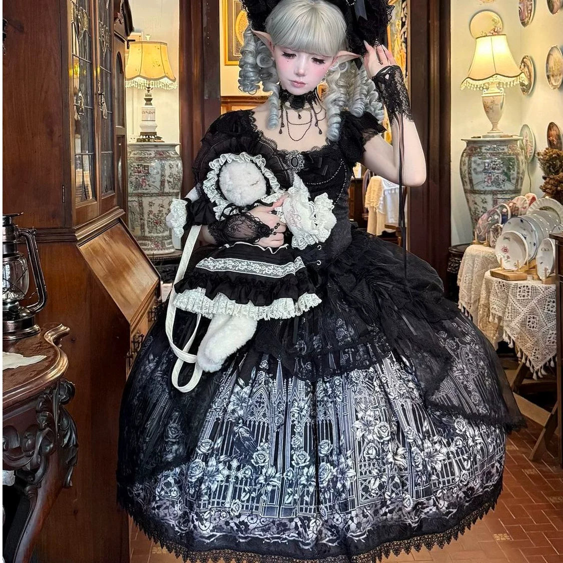 Thorn Feather Relic - Gothic Lolita JSK Dress, Crow and Rose Print 45863:866242