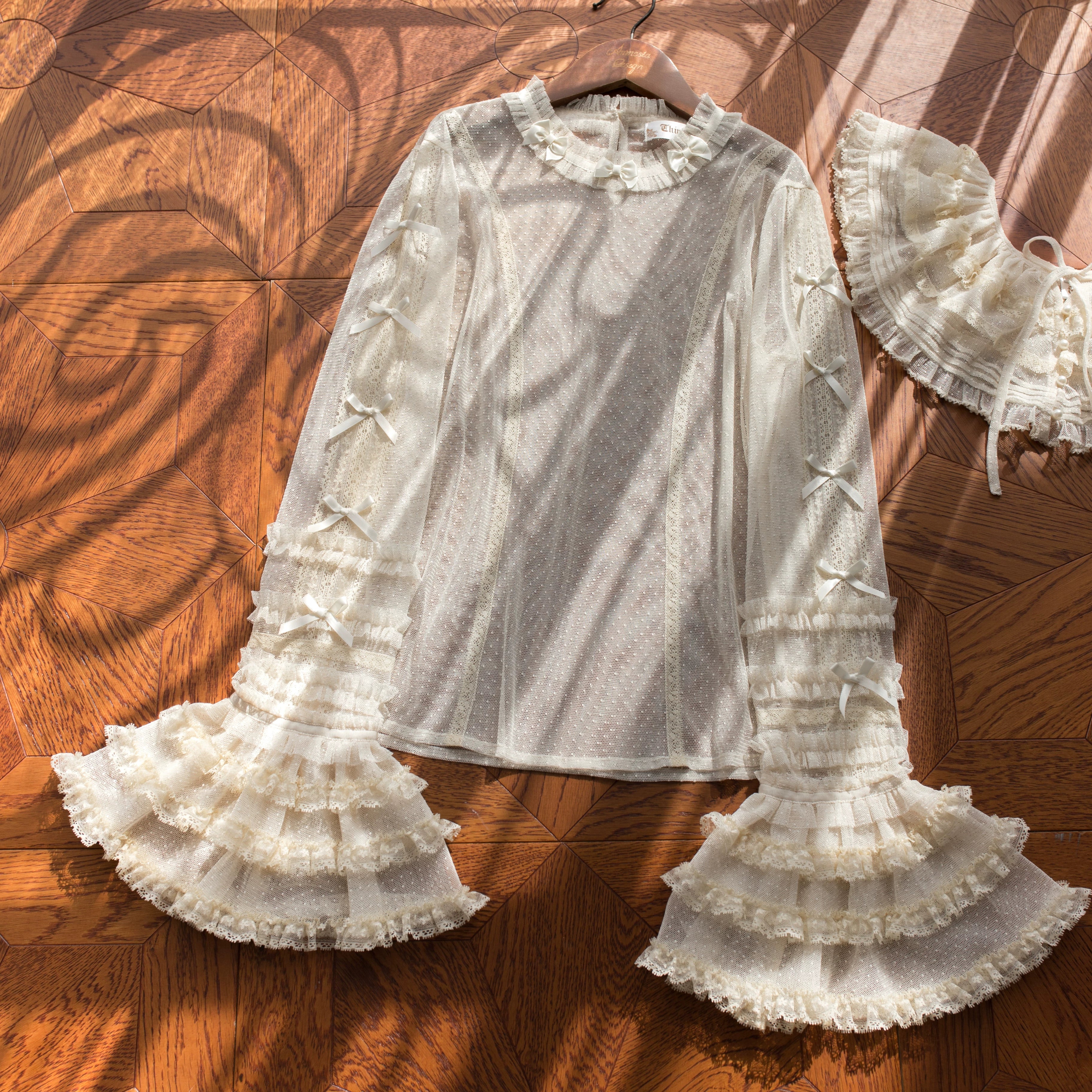 Vernal Feast - Polka Dot Lolita Blouse, Ruffled False Collar Apricot Blouse Only S