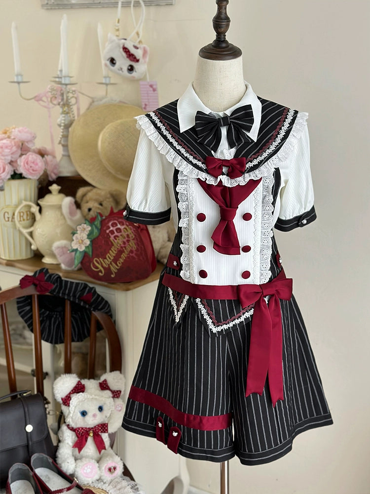 Forest Fluorescent Carps - Small Animal Team - Ouji Lolita Suit Male Lolita Shirt Shorts S Black (overalls + false collar + shirt + bow tie)