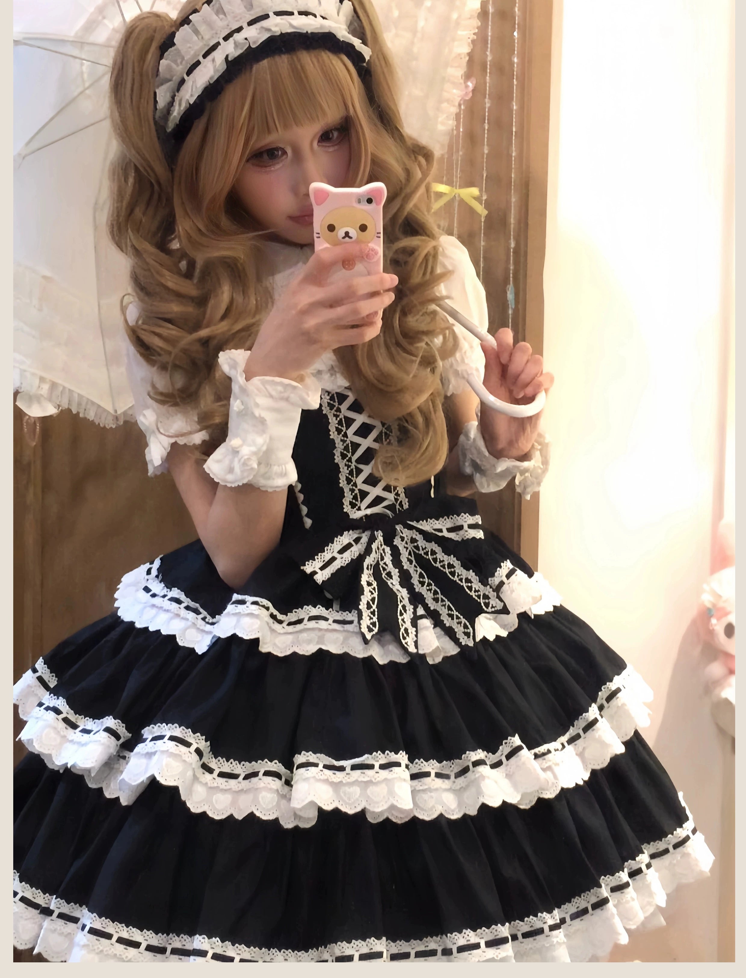 Otome Heart - Cotton Old School Lolita JSK Dress Suit, Heart-Shaped Lace Trim 43381:774538
