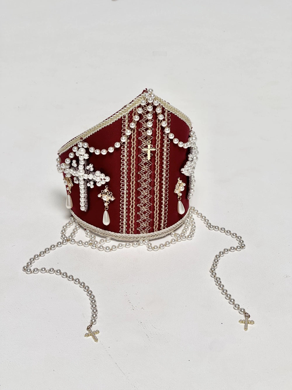 LeMiroir - Moonlit Prayer - Nun Lolita Crown, Elastic Headscarf Wine Red and Gold Crown