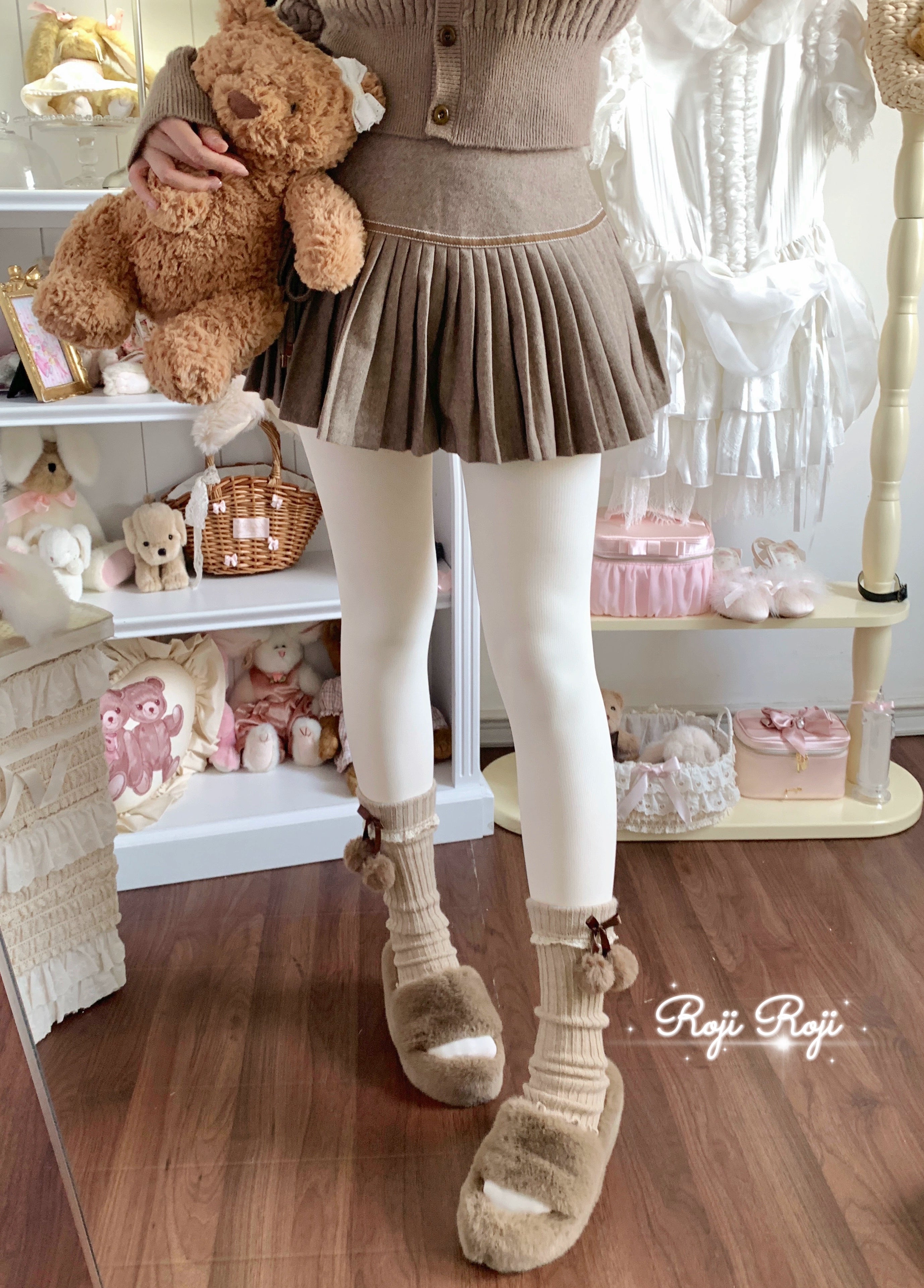 Roji Roji - Solid Lolita Winter Pantyhose, Thickened Velvet 300D Milky White + Brown Leg Warmers
