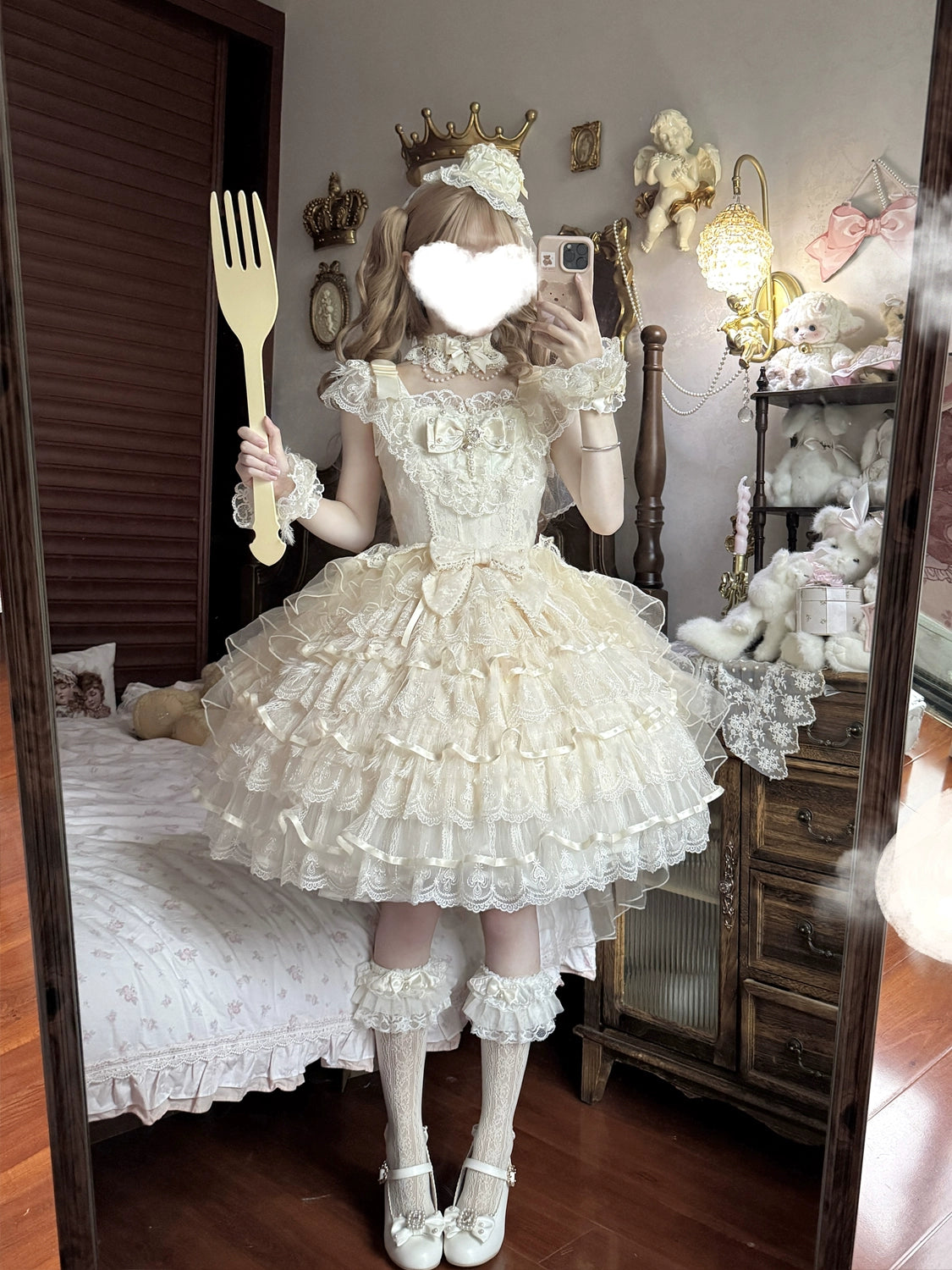 Hanguliang - Feather's Ballad - Wedding Lolita JSK Dress, Tiered Ruffles Apricot Cuffs Only (one size / choose M) S