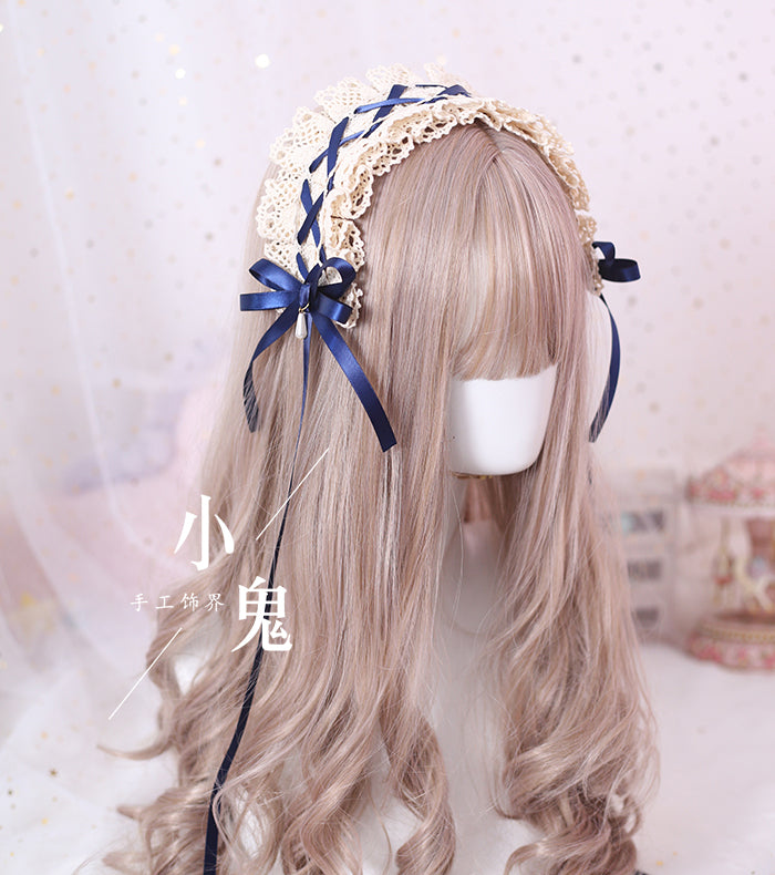Xiaogui - Japanese Style Sweet Lolita Lace Headband Multicolors Deep Blue + Cotton Headband