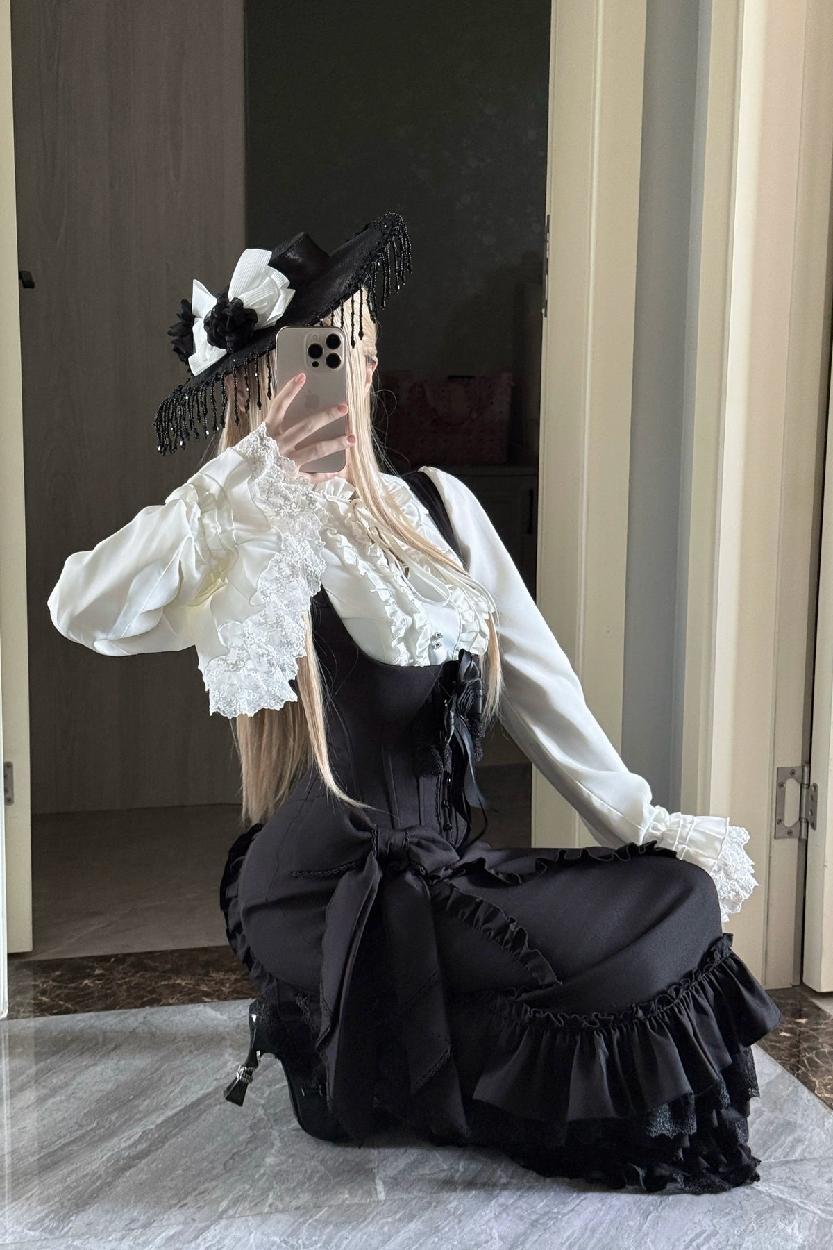 Miss Winnie - Gothic Lolita Blouse & Mermaid JSK Dress Set, Ruffle Lace Hem 46027:872871