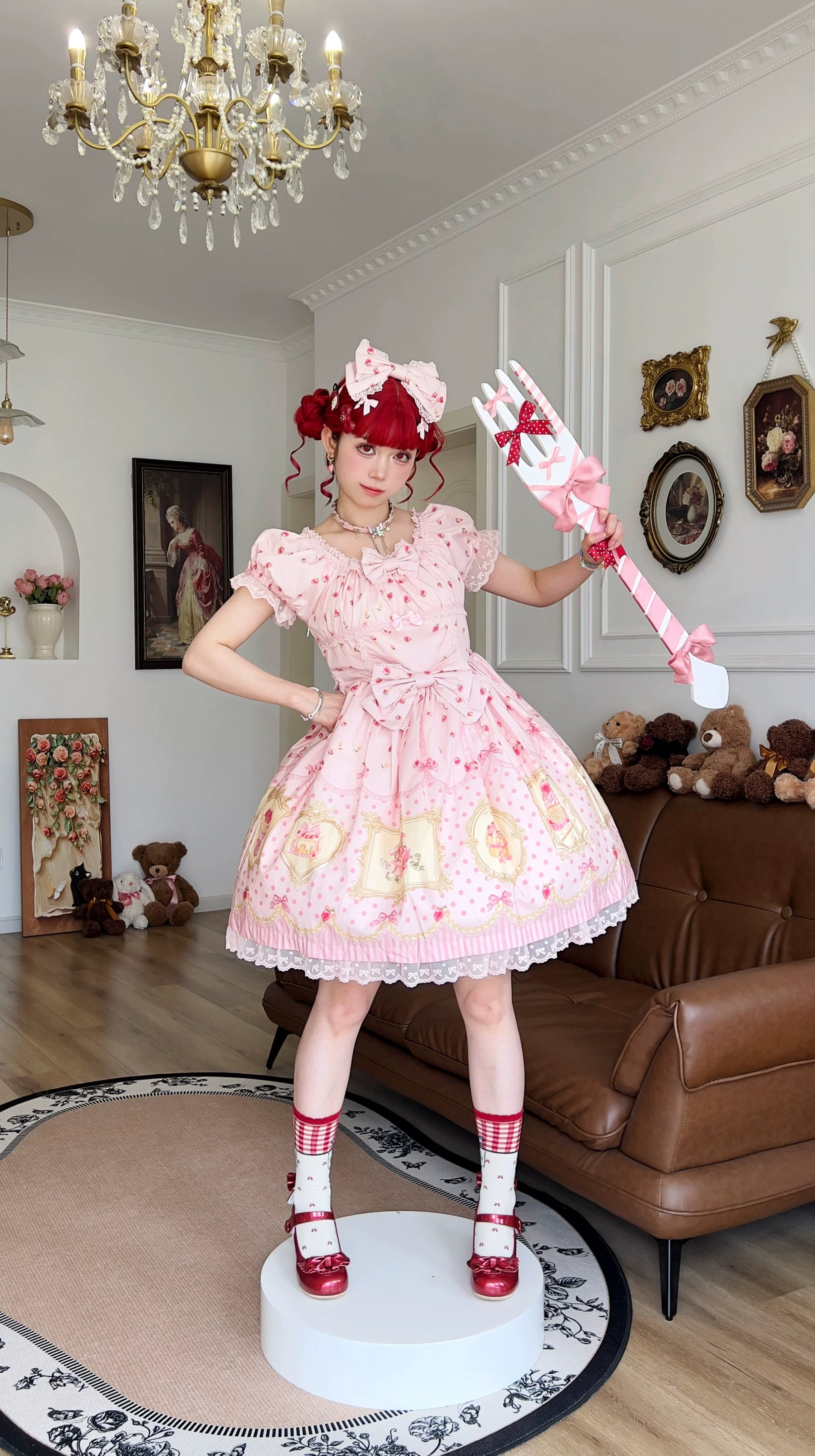 Pink Jade Strawberry - Sweet Lolita Strawberry Print JSK & OP Dress with Lace 45278:845326