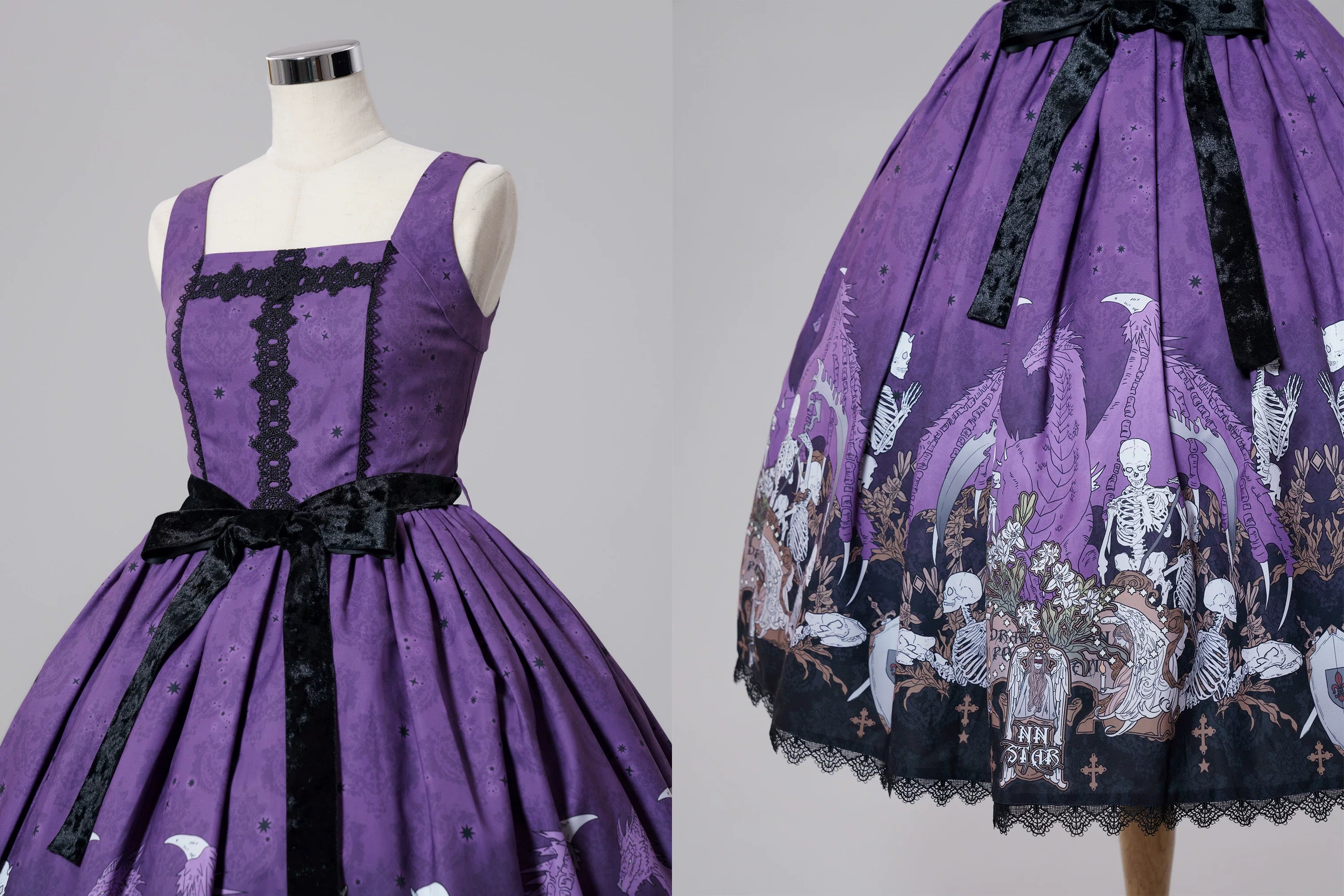 Dragon Bone Lily - Vintage Gothic Lolita Dragon & Skeleton Print JSK Dress