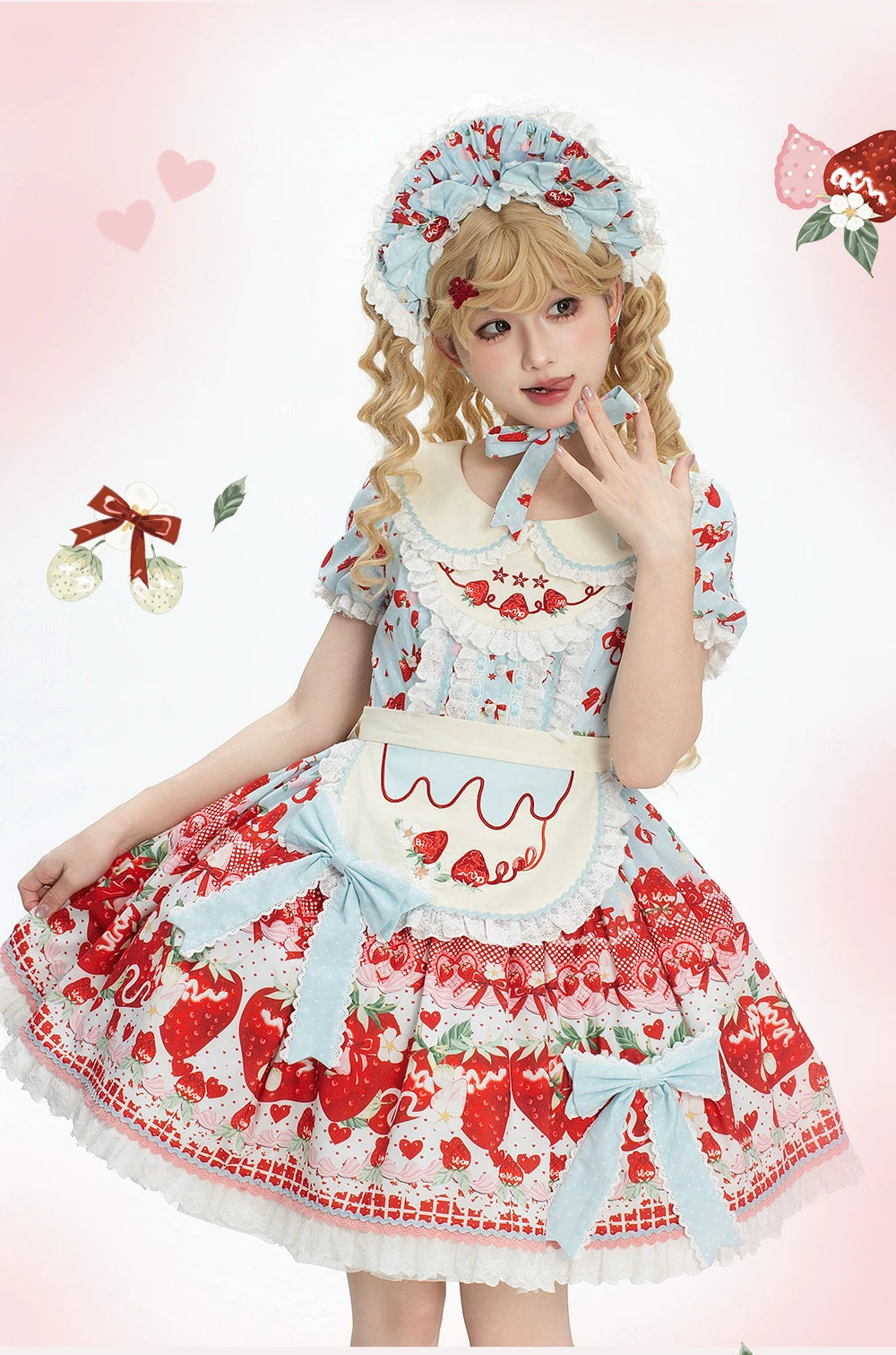 Berry Sweet Dream - Plus Size Sweet Lolita JSK and OP Dress, Strawberry Print (Blue / 2XL 3XL L M S XL) 45378:850954