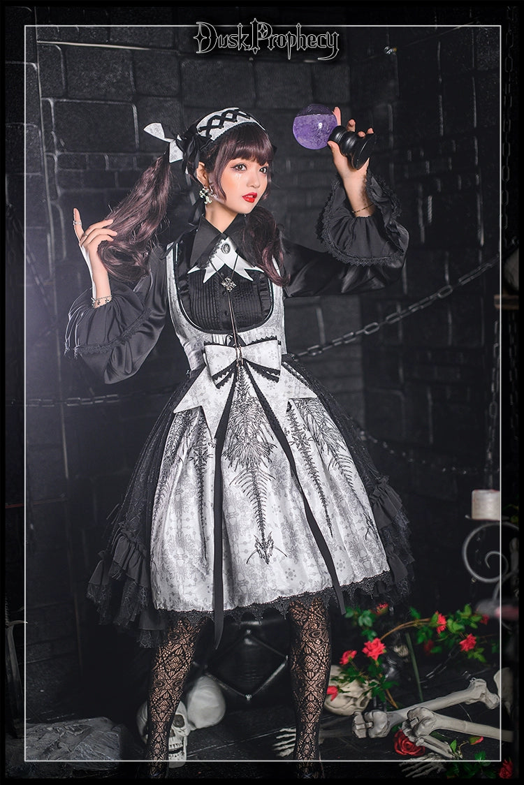 DuskProphecy - Coccyx - Elegant Lolita Dress High Waist Fishbone Print JSK Set 34722:466474