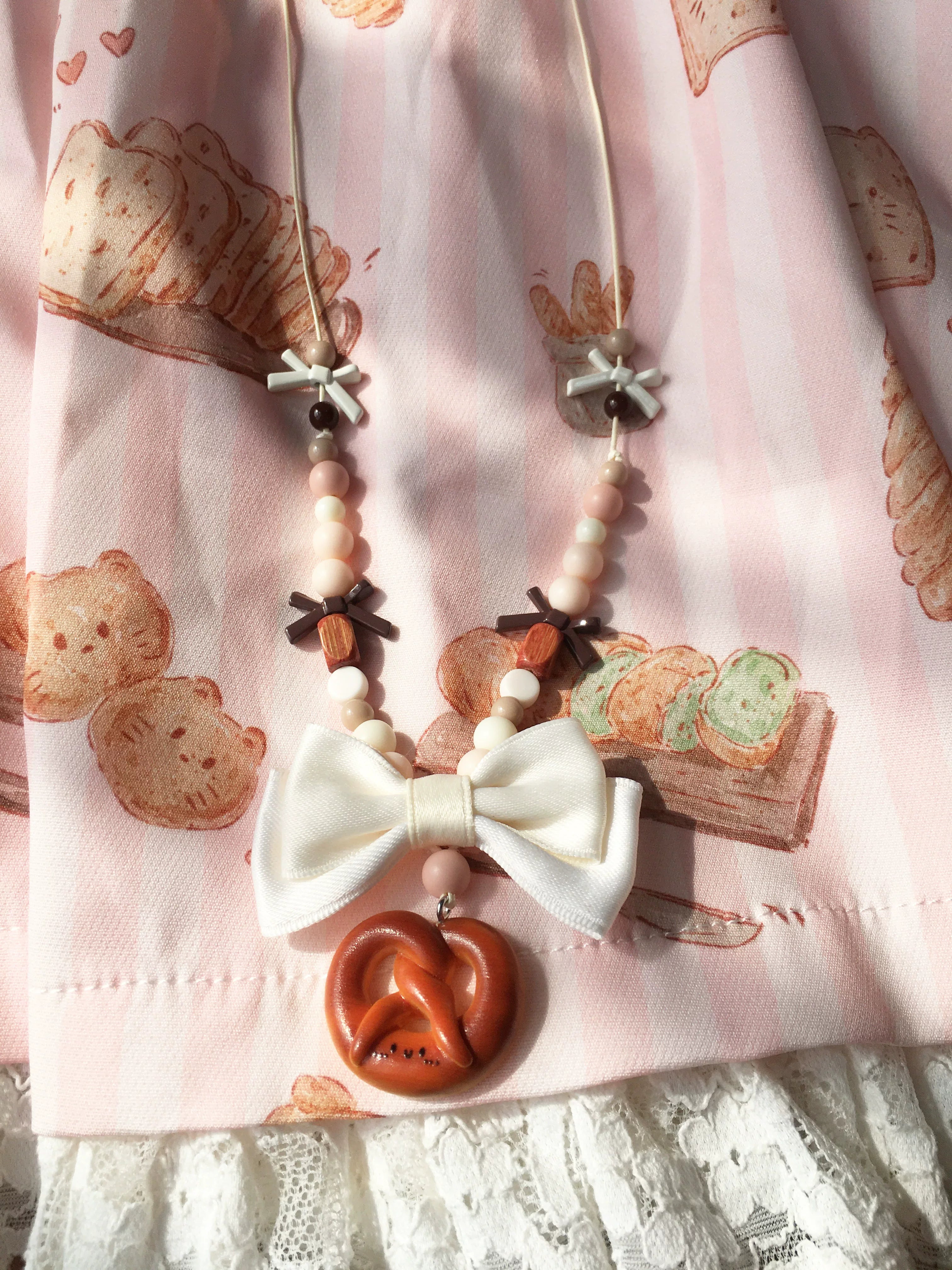 Kitten Bread - Sweet Lolita OP Dress, Cat & Bread Print Necklace Only (one size / M) S
