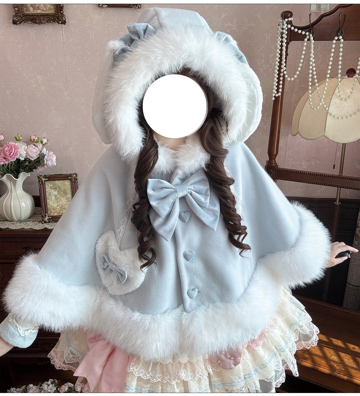 Floppy Bunny Ear -Sweet Lolita Winter Fleece-Lined Cape Coat with Bunny Ears