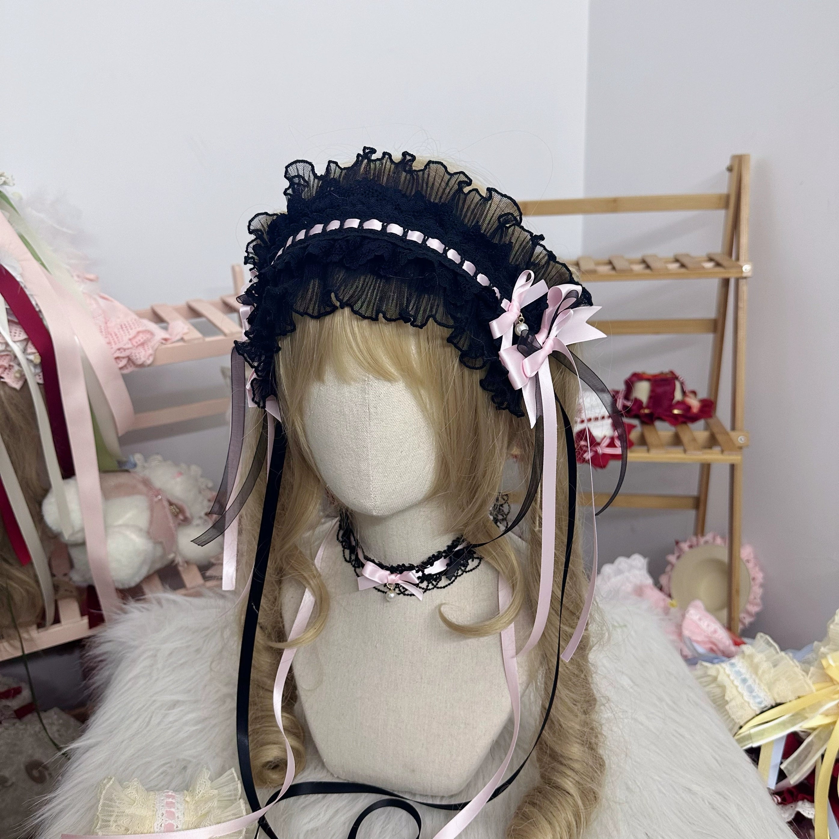 Chestnut Lolita - Sweet Lolita Headdress, Bow and Lace Decoration Black and Pink Hairband Only