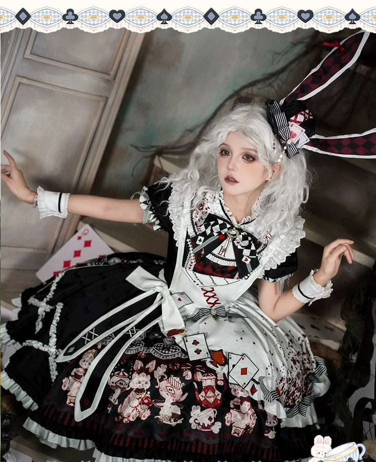 YingLuoFu - Alice - Kawaii Lolita OP Dress, Rabbit & Playing Card Motifs