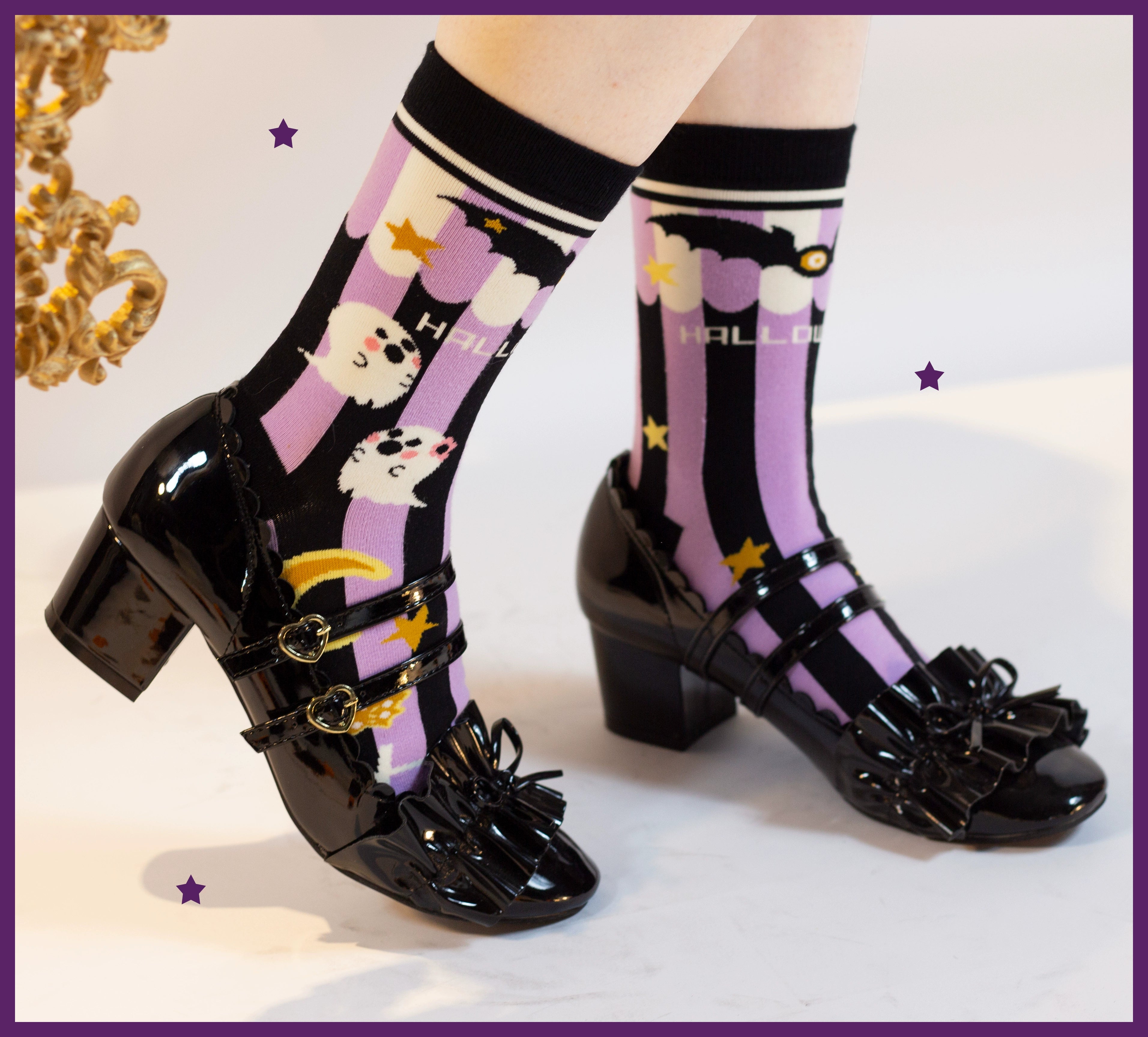 Yukines Box~Gothic Lolita Halloween Pumpkin Bat Socks purple striped ankle socks 22192:323602