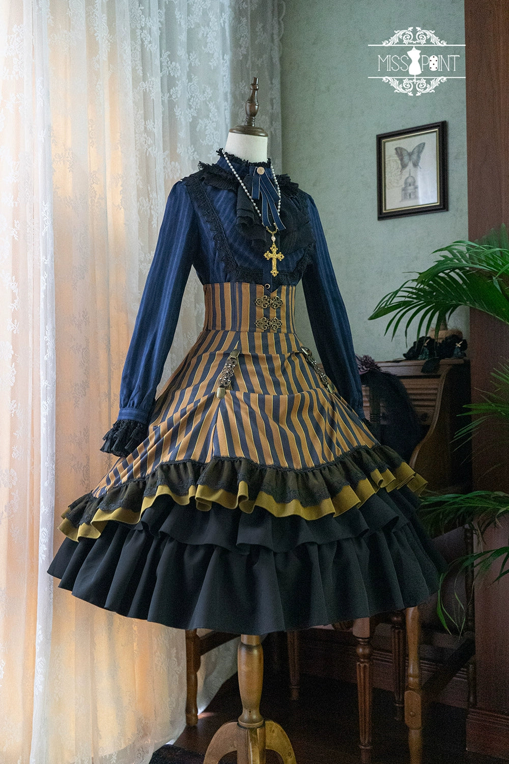(Buyforme)Miss Point~Customized Lolita Elegant Striped High Waisted Fishbone SK 21544:312550