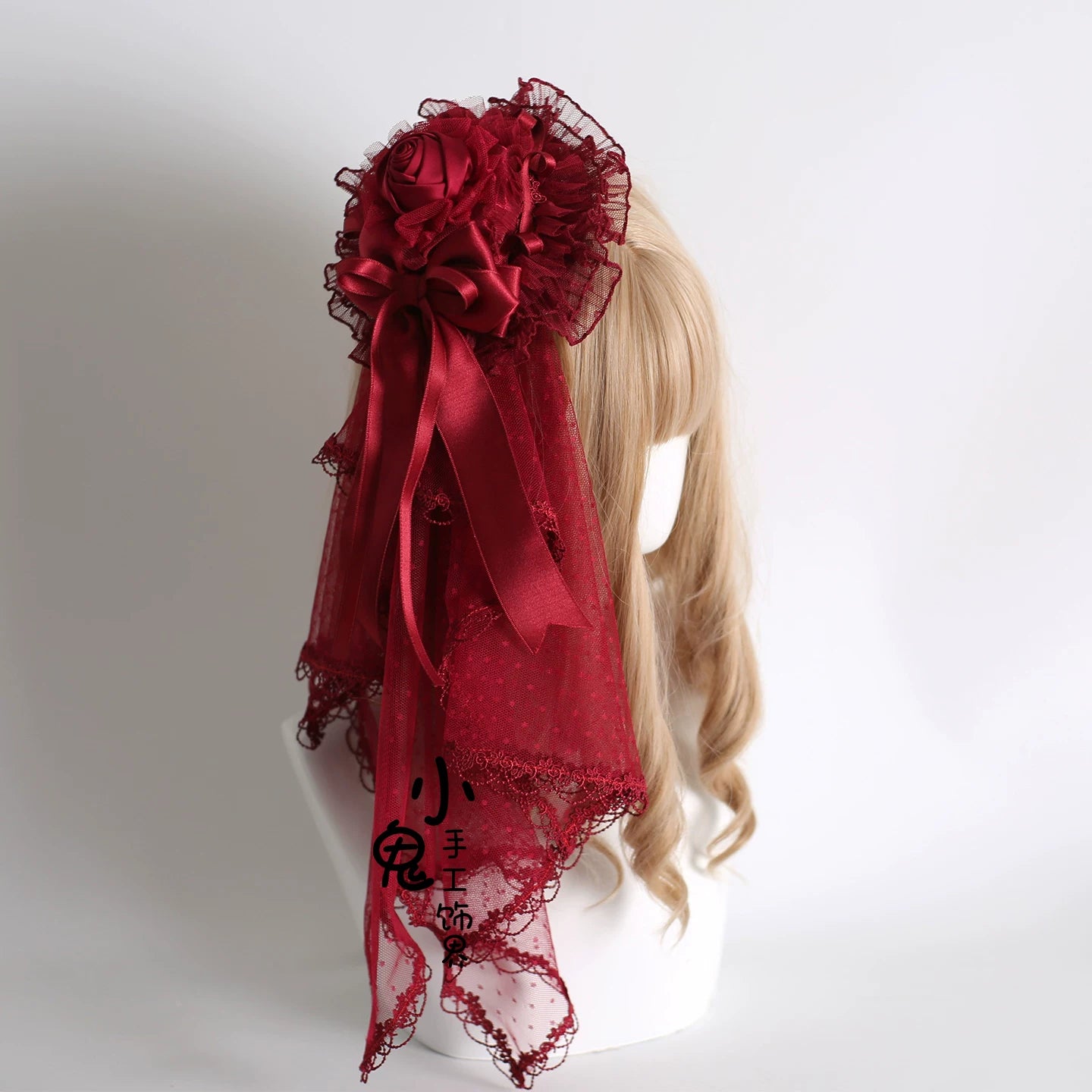 Dark Red Gorgeous Headdress, Floral Veils 9. Cake Top Hat with Small Veil (with fixed clip)