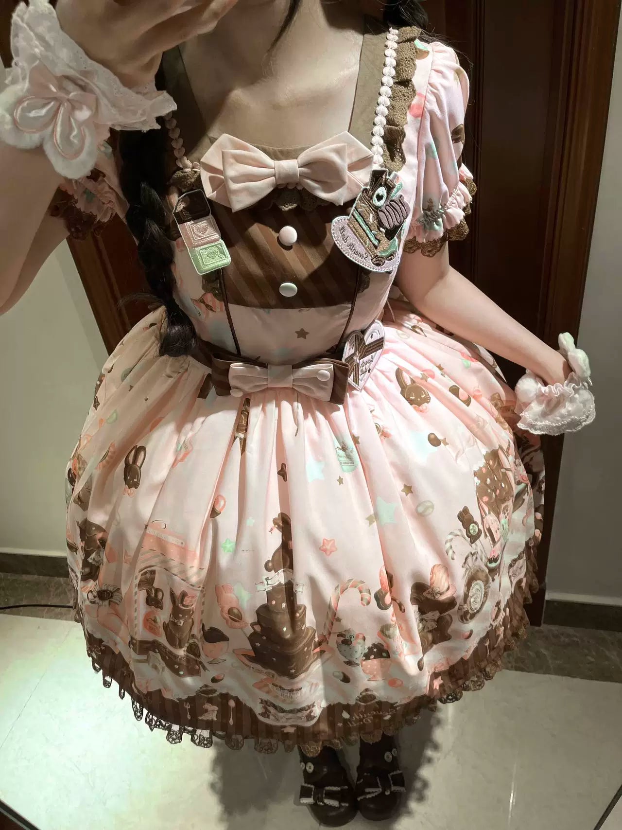 Chocolate Bunny - Printed Kawaii Lolita JSK, Short-sleeved Dress