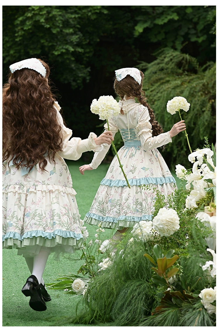 With PUJI - Oriole Time - Country Lolita JSK and OP Dress, Floral and Bird Print 44048:794549