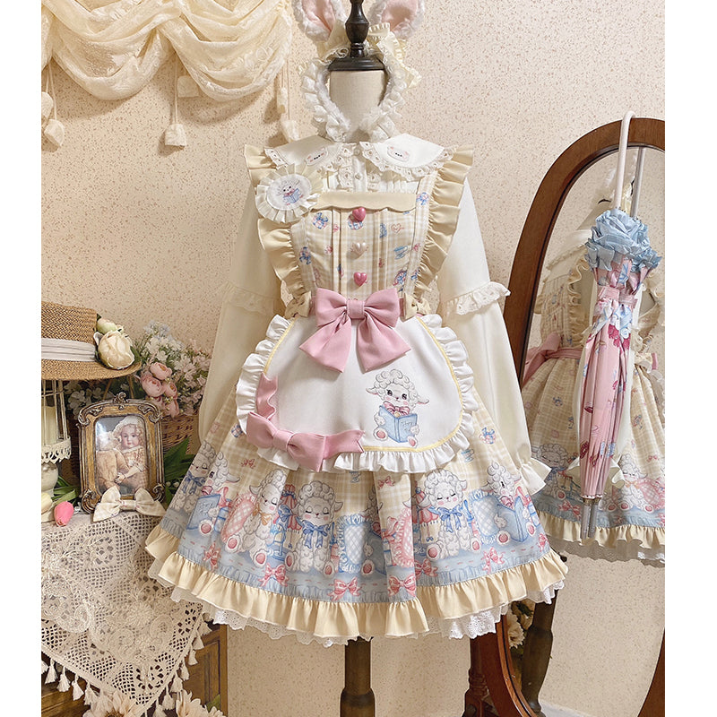 Cinderella - Goat Baa Bedtime Story - SheepPrint Kawaii Lolita JSK apricot dress+apron+side clip+brooch S