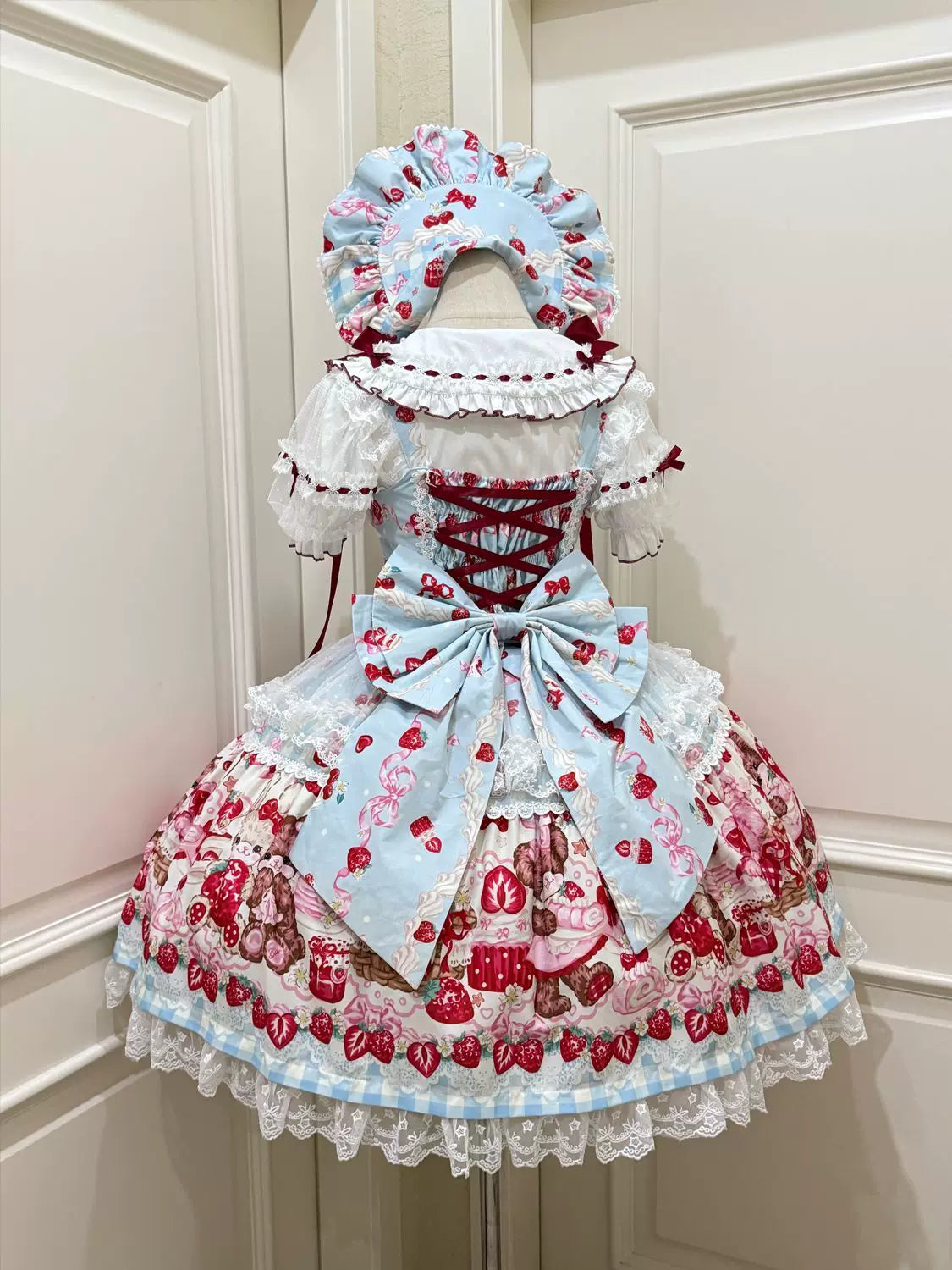 SweetBerry Bunny Bear - Sweet Lolita Tiered Lace JSK Dress, Strawberry and Bear Print Blue - JSK + Back Trailing Bow S