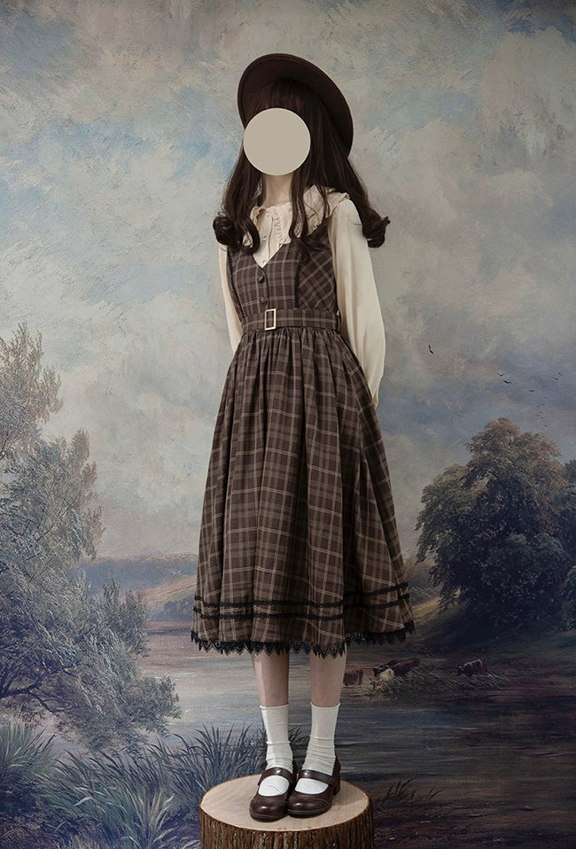 Forest Song - Grena's Poems V-Neck Plaid Jumper Dress