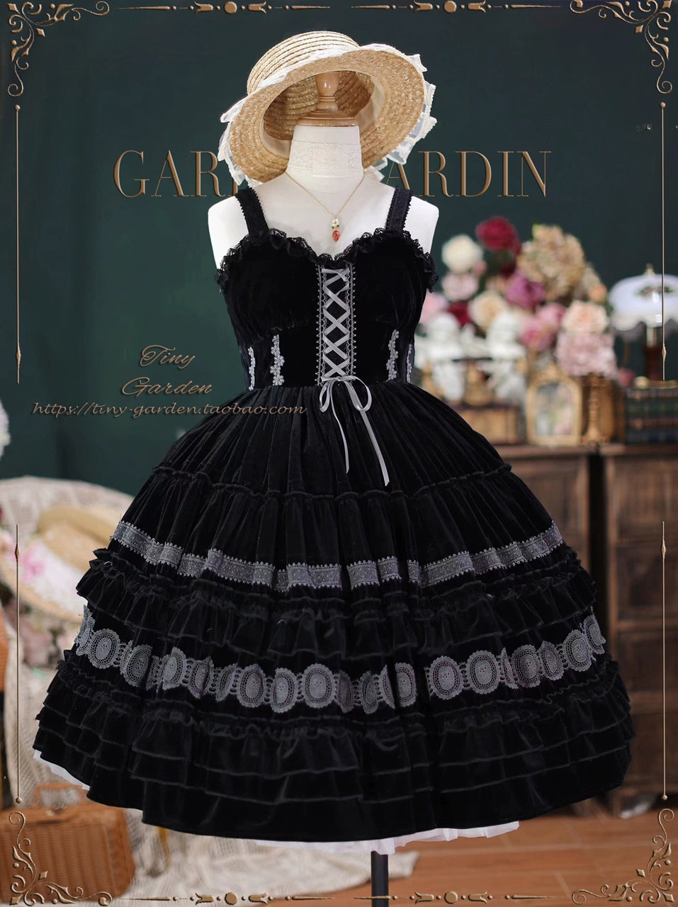 (BFM)Tiny Garden~Elegant Chiffon Lolita Dress Silky Short Dream Bouquet JSK S Black (pre-order) 
