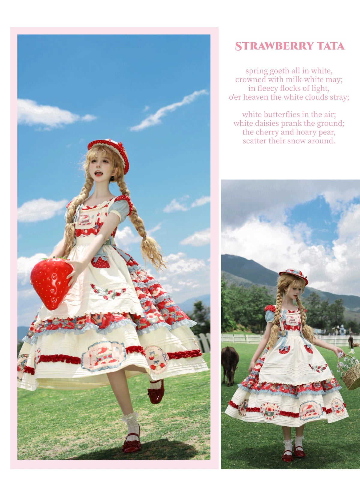 Rose Whispers - Strawberry Tata - Sweet Lolita Dress Suit With Strawberry Cake Print 43173:769188