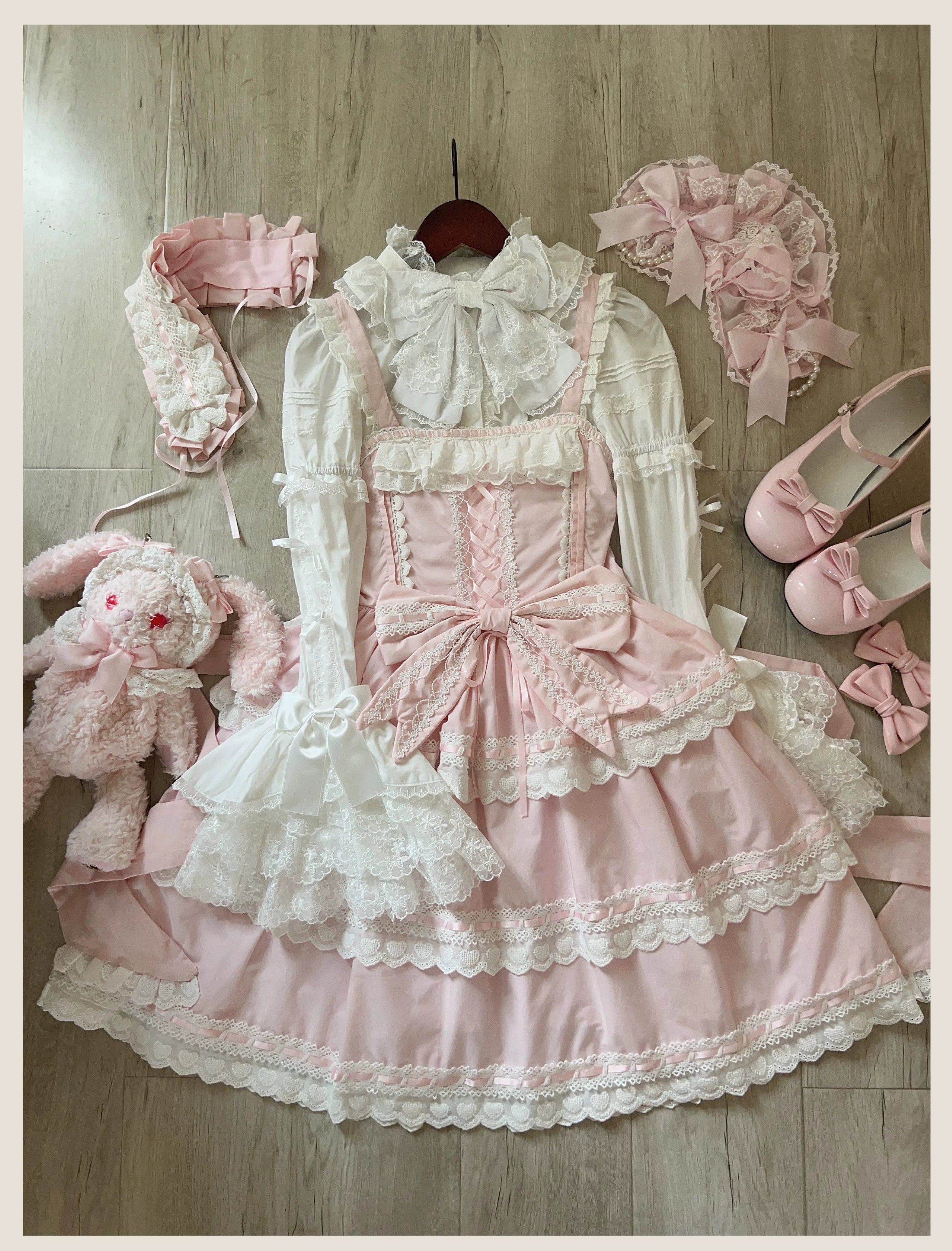 Otome Heart - Cotton Old School Lolita JSK Dress Suit, Heart-Shaped Lace Trim (L M S) 43381:774560