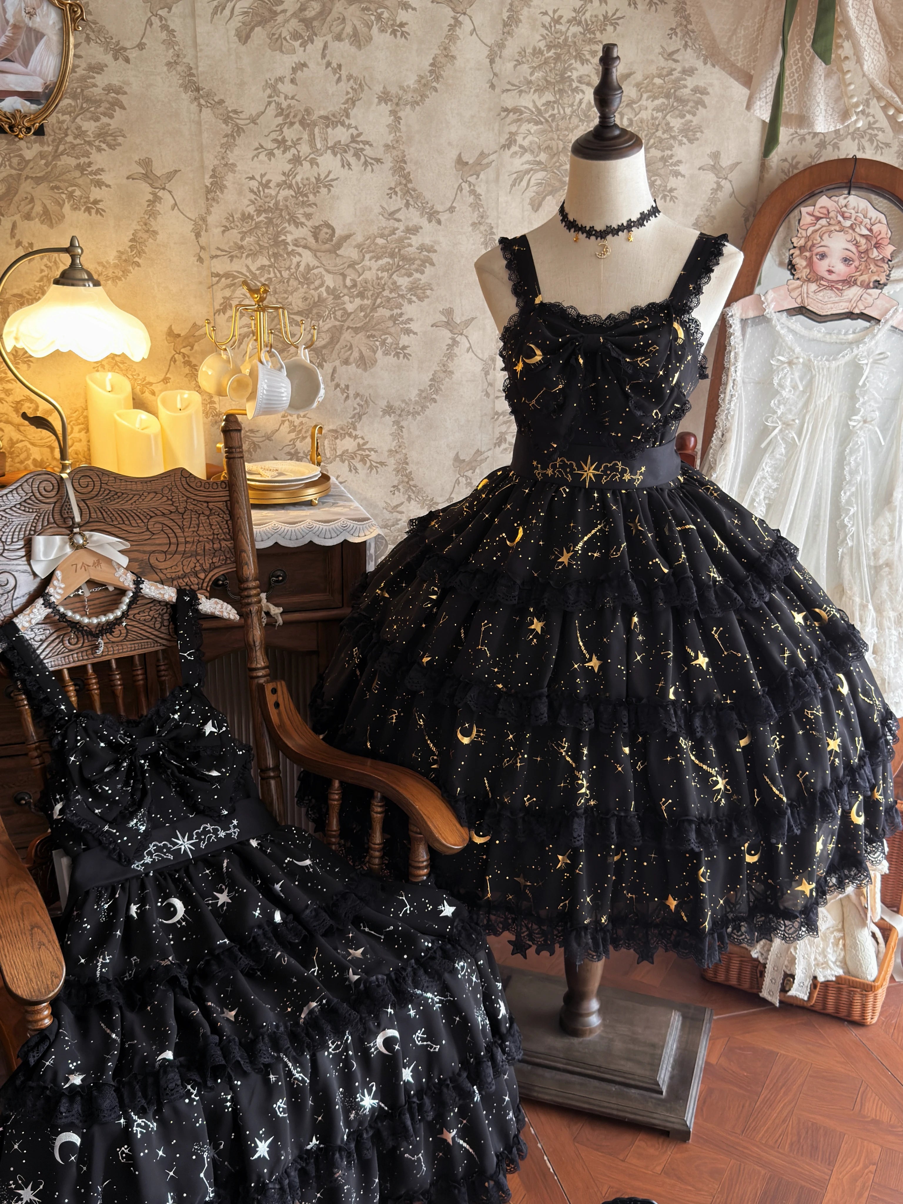 Twin Stars - Classic Lolita Chiffon JSK Dress, Star & Moon Stamping 45764:861295