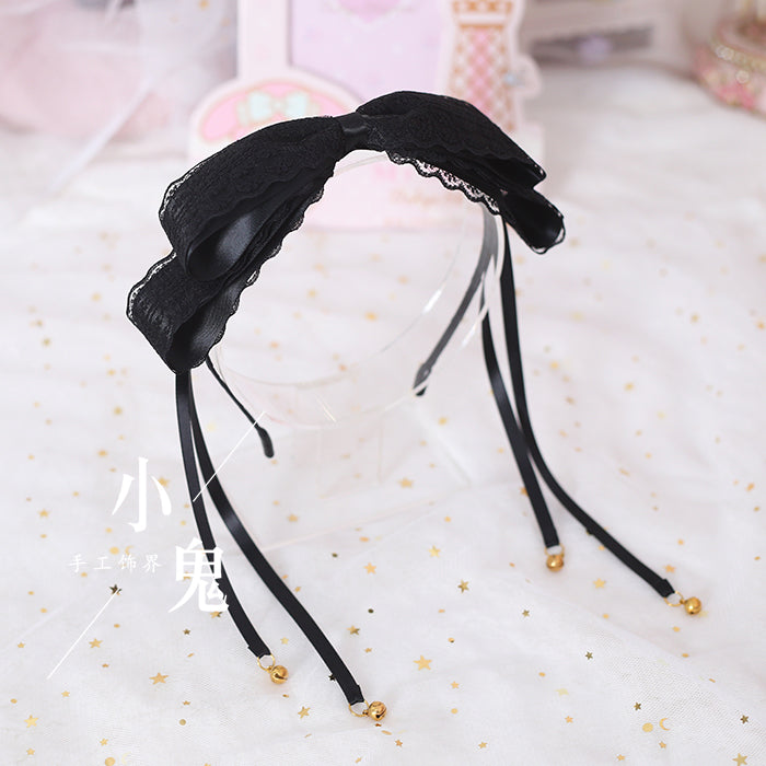 Xiaogui - Kawaii Lolita Bell KC Lace Bow Hair Accessory black lace bell-tassel headband