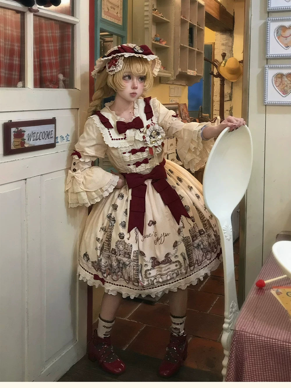 Pancake Postman - Kawaii Lolita Printed OP & Salopette Dress, Lace & Bows 45174:838646