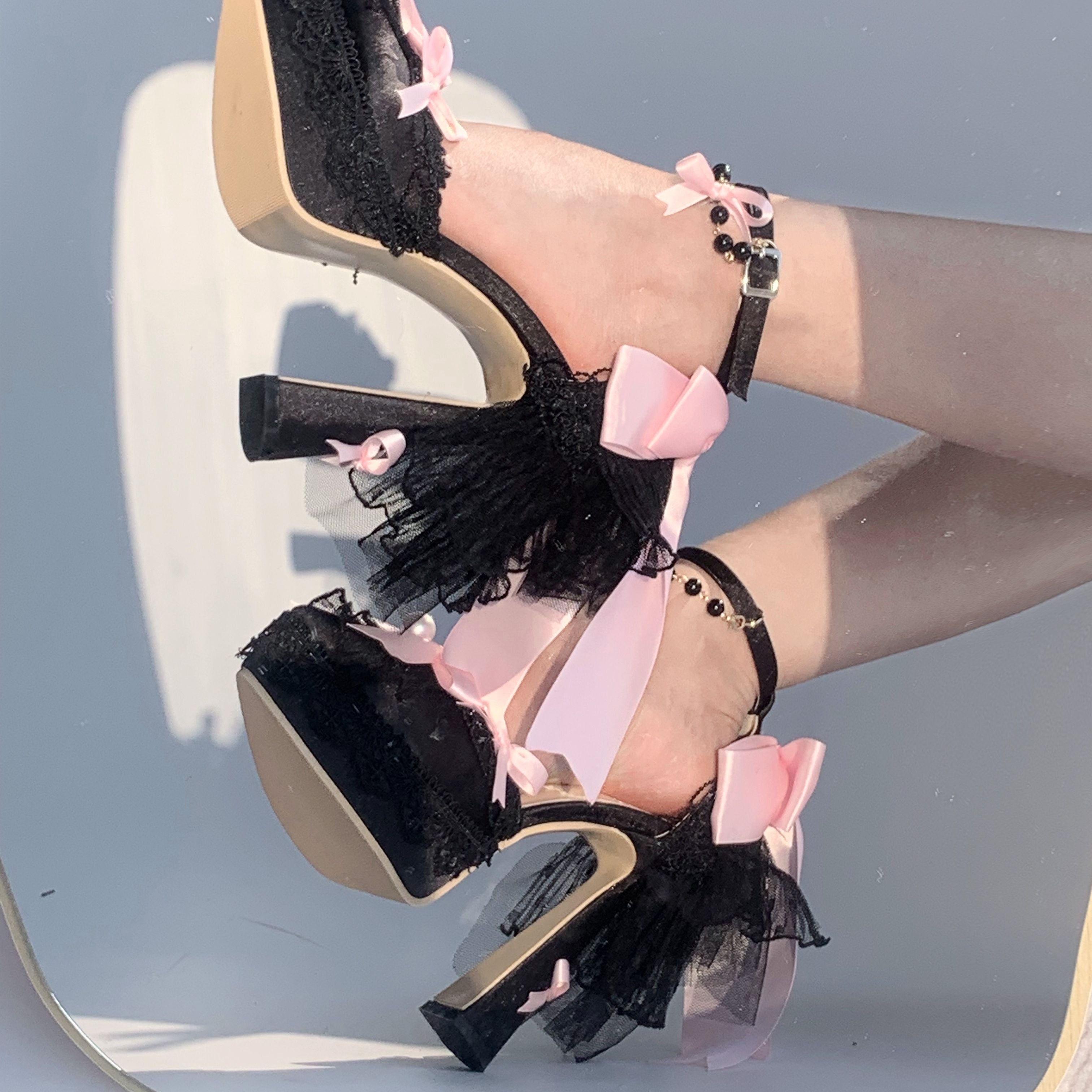 Sky Rabbit - Butterfly Dream - Wedding Sweet Lolita Platform Shoes with High Heels Black Pink - Luxurious Version 35