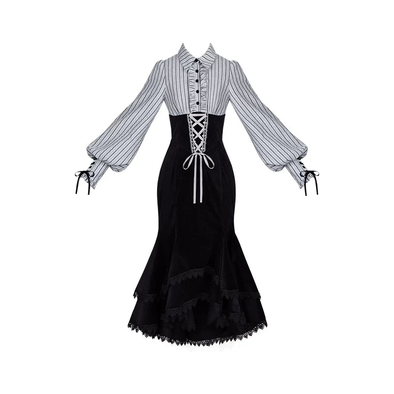 Dusk Moment - Classic Lolita Striped OP & Mermaid Dress Set, Fishbone Waist 44498:810679
