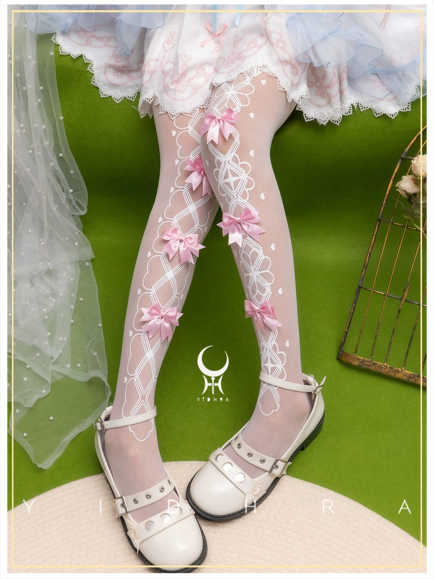 Yidhra - Witch 2.0 - Printed Lolita Pantyhose, Gorgeous Style 20D - White with Pink Bow (pre order)