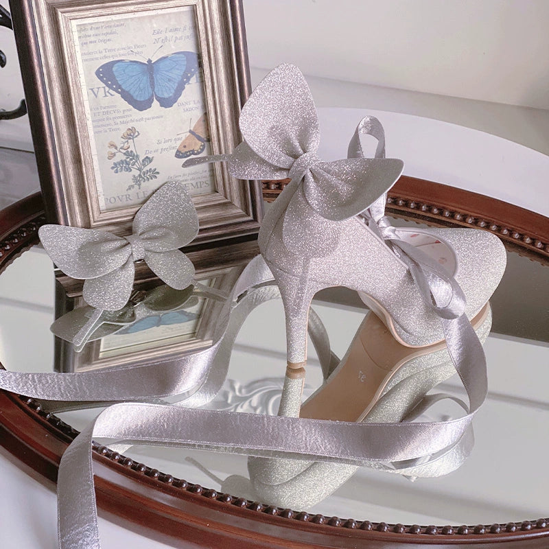 Pure Tea For Dream - Butterfly Specimen - Shiny Ballet Lolita Shoes Sweet Lolita Platform Heels 34 Shiny Silver