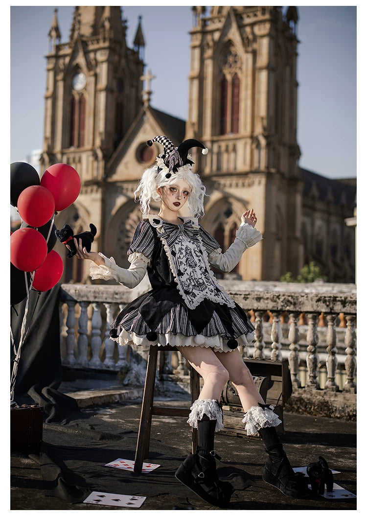 Puppet Mask - Clown Inspired Gothic Lolita OP Dress, Loose Fit 44409:807130