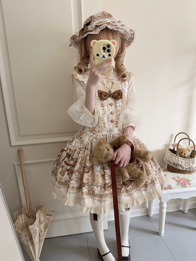 Wendy's Wardrobe - Macaron Bear - Cotton Kawaii Lolita Dress Suit, Bear & Dessert Print