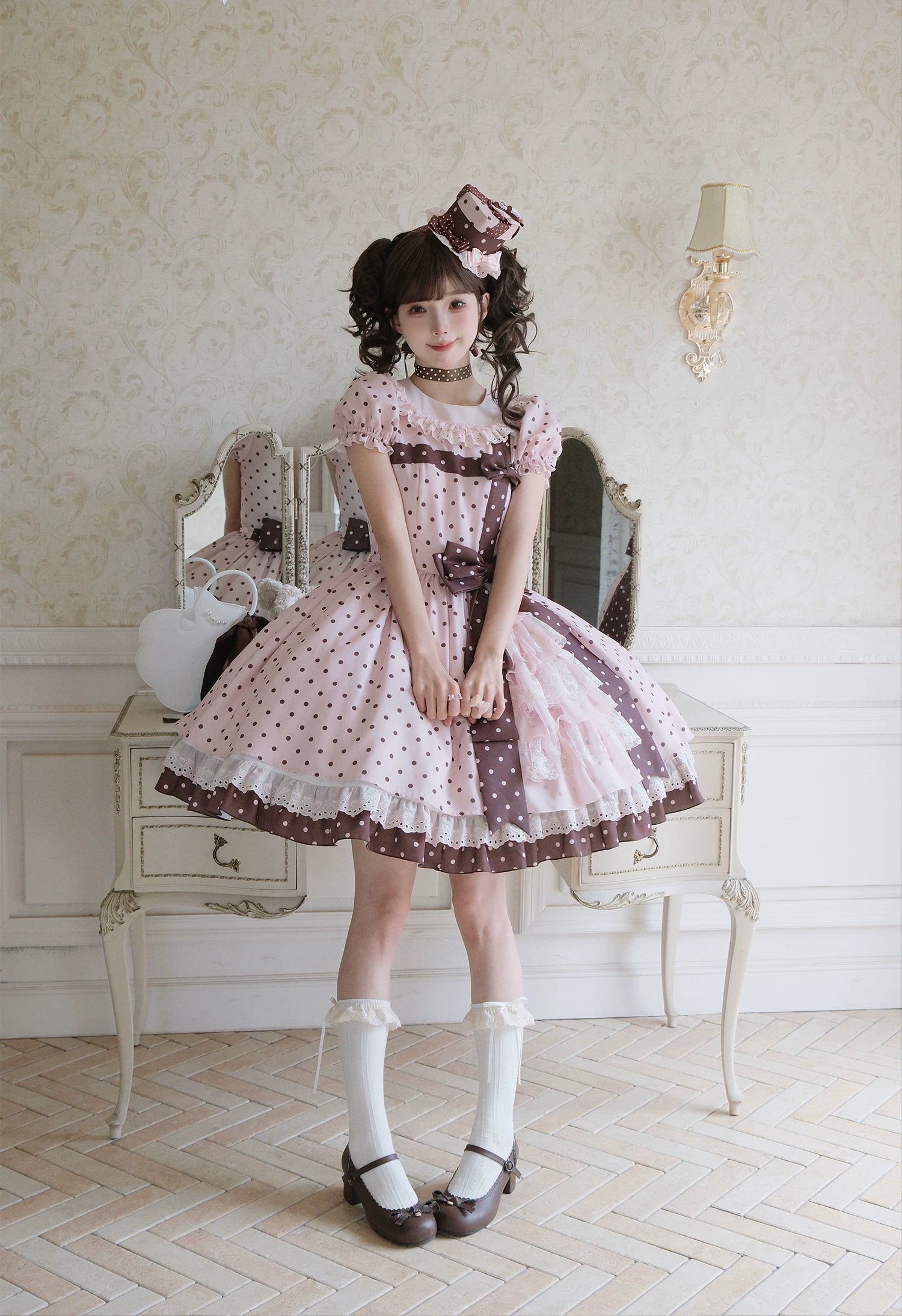 Coralie Box - Old School Lolita Polka Dot OP Dress, Cotton Round Collar 45520:851966