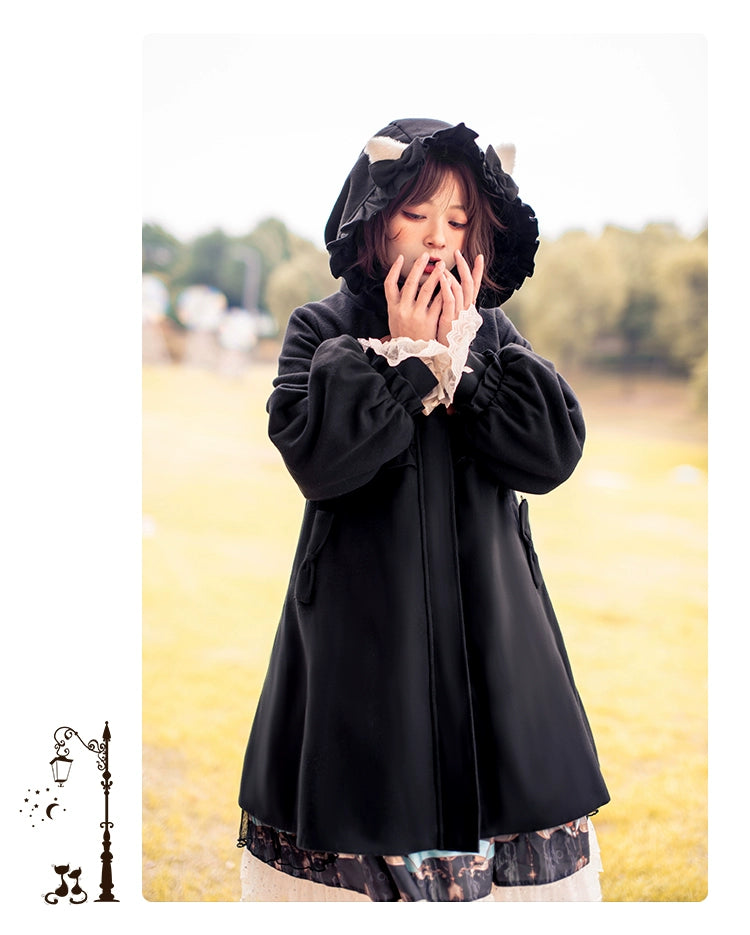 Fairy Cat - Sweet Lolita Coat Autumn and Winter Lolita Outwear Black (with black ears Not white) S