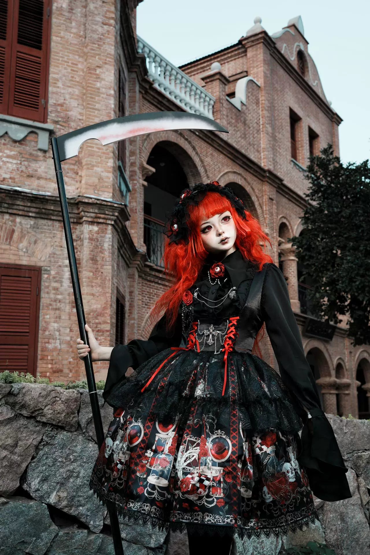 Blood Research Lab - Gothic Lolita JSK Dress, Rose & Skull Print 44449:808779