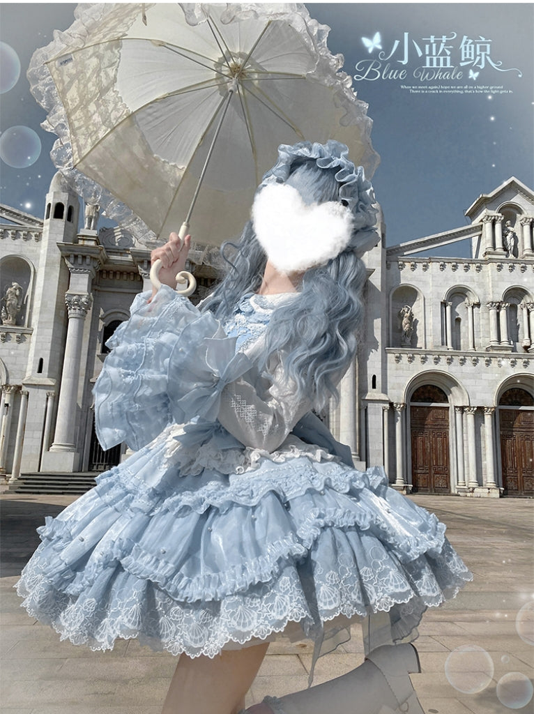Honey Machine - Blue Whale - Sweet Lolita OP Suit Tiered Ruffle Dress with Shell Lace