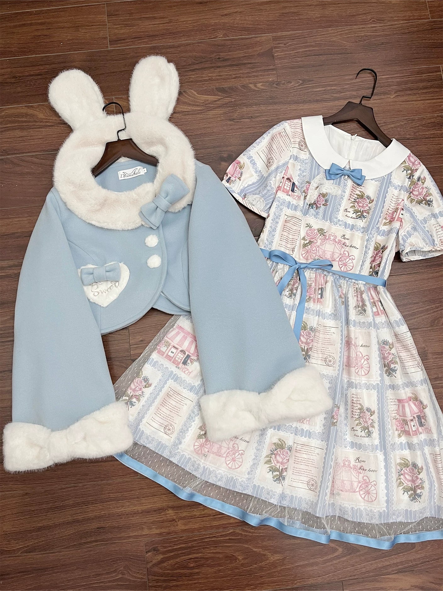 Rabbit Heart Knot - Sweet Lolita Winter Short Coat, Detachable Bunny-Ear Collar 45891:866890