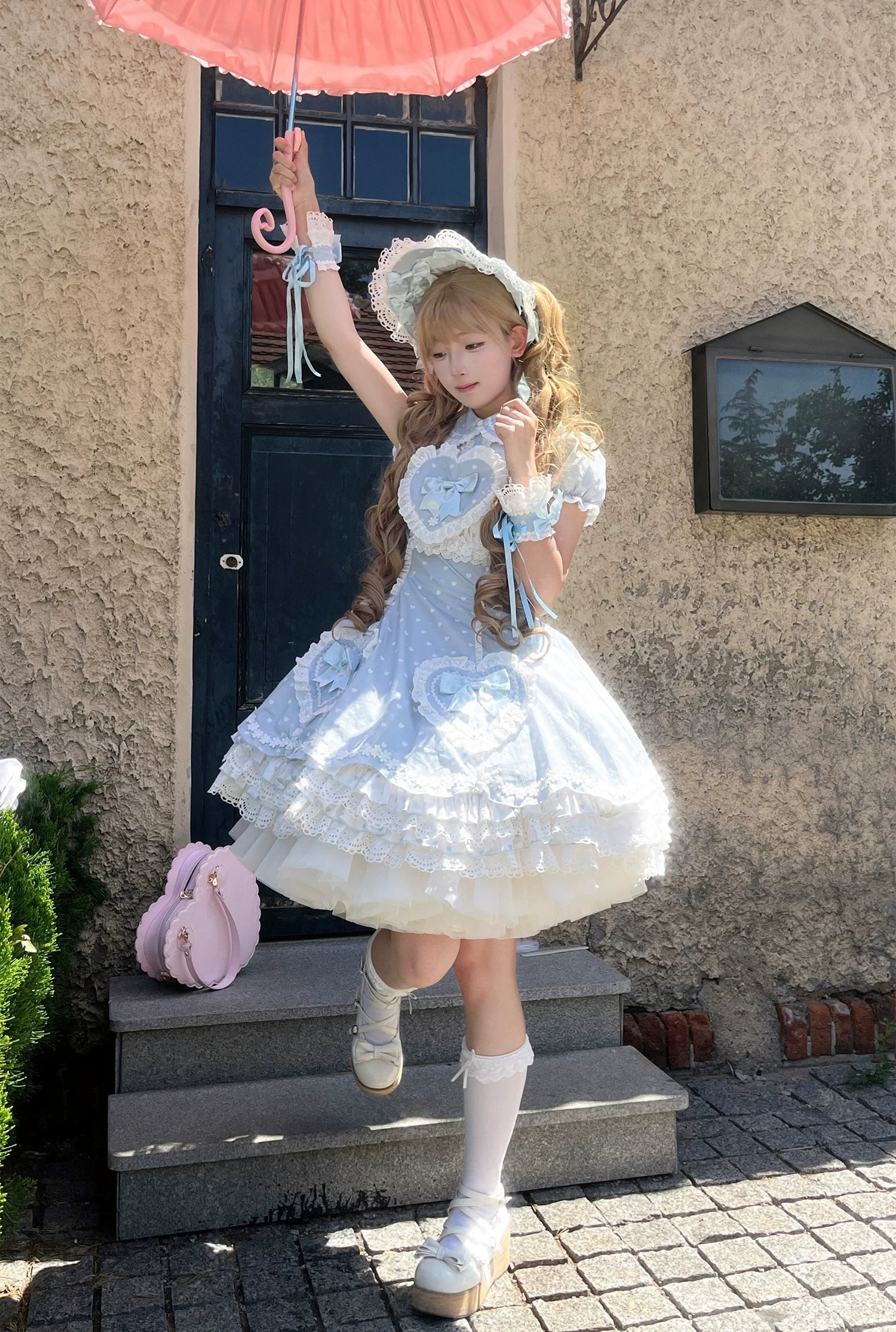 Maiden's Heart Knot - Cotton Old School Lolita Dress, Heart Polka Dot