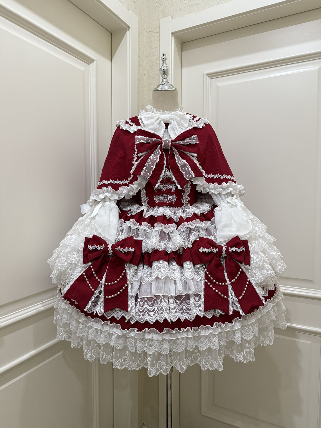 Hanguliang - Cross Heart Knot - Sweet Lolita JSK Suit Tiered Ruffles Dress with Lace Blouse Burgundy Cape Only (One Size - M) S