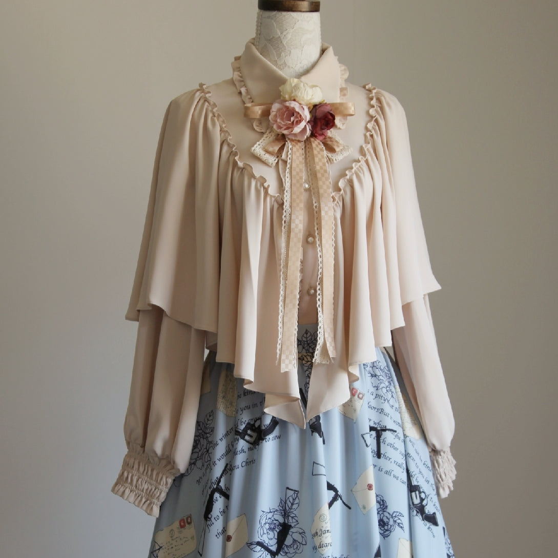 VTGDOLL - World War II love letter - Elegant Lolita Shirt and Lolita Painted SK S cloak shirt light coffee