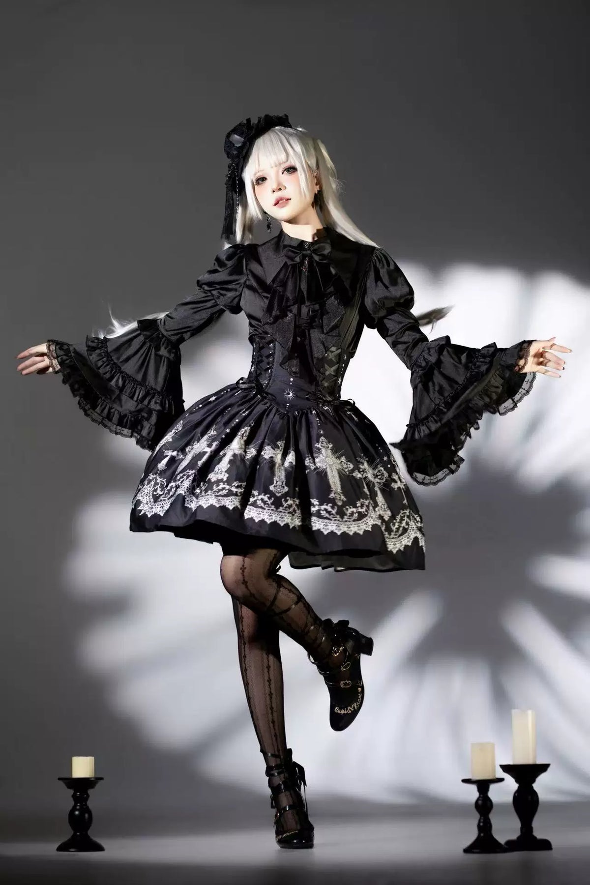 Star Remains Prayer - Elegant Gothic Lolita JSK & OP Dress Set, Cross & Moon Prints 46014:872448