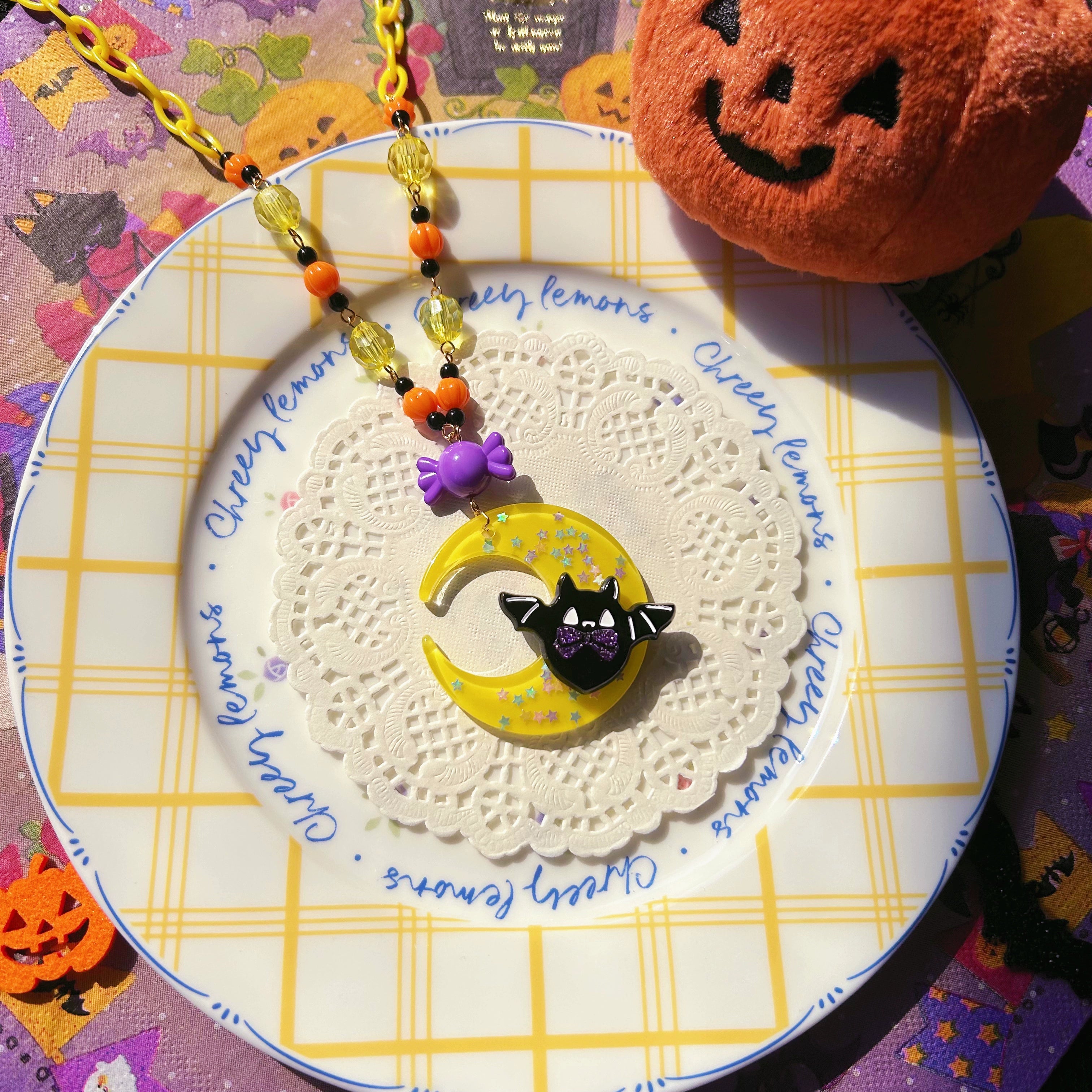 Halloween Alice - Chubby Bat - Halloween Colorful Beads Lolita Necklace, Bat Accents Necklace
